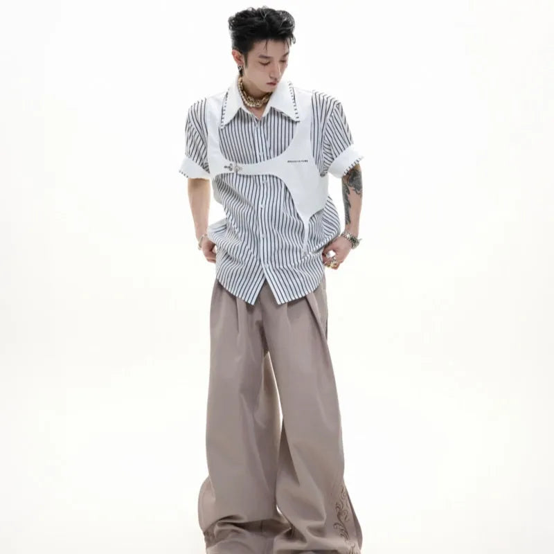 Men's silver sapporo striped cotton shirt with double collar lapel design and short sleeves
