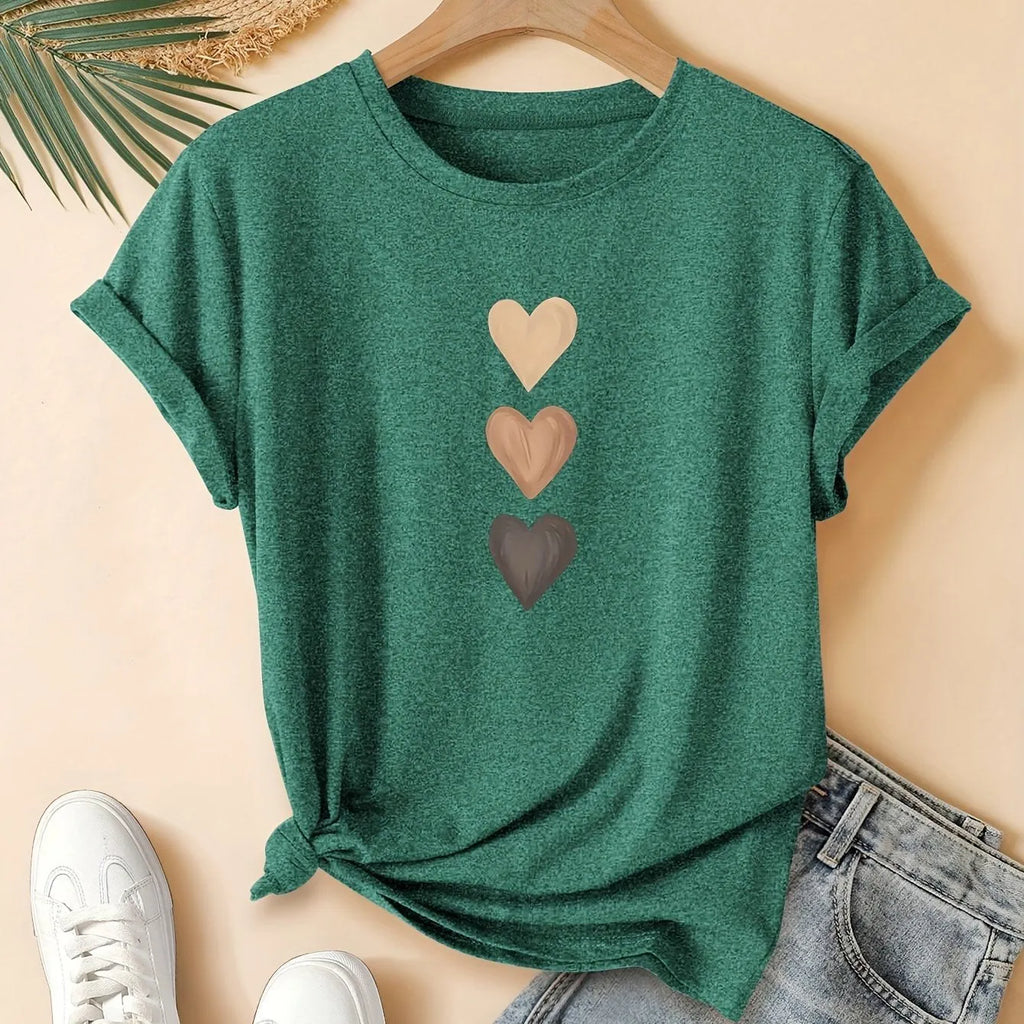 Women's pure cotton short sleeve t-shirt with a printed three-heart pattern in a Chinese retro style, shown in blue.