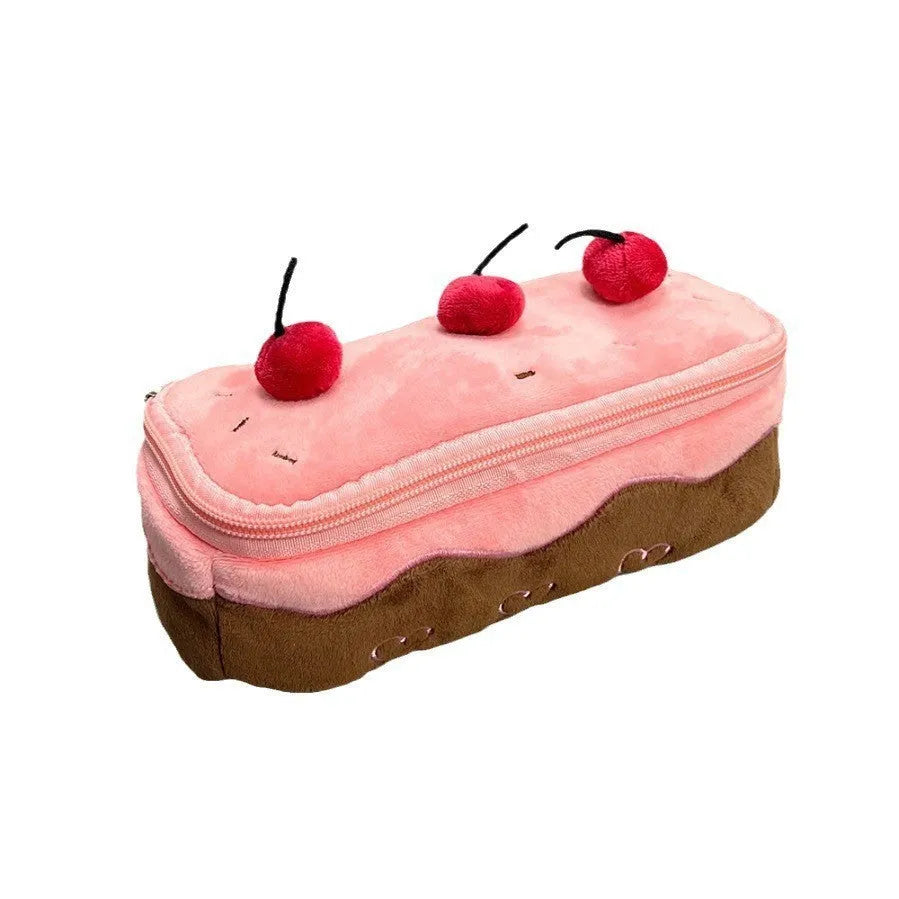 Korean style velvet pencil case in cherry cake plush design with zip closure