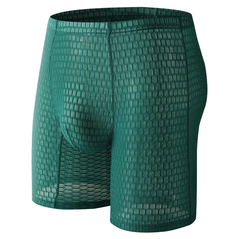Men's solid colour lace boxer shorts for shaping, shown in multiple colours including rose red and black.