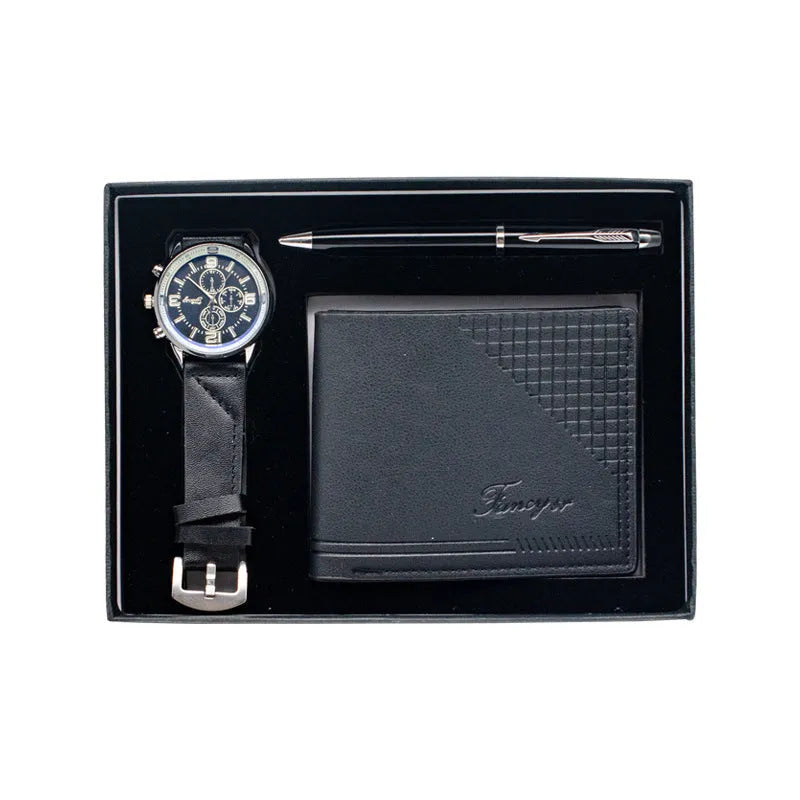 Brown leather wallet, ballpoint pen, and wristwatch set presented in a modern gift box