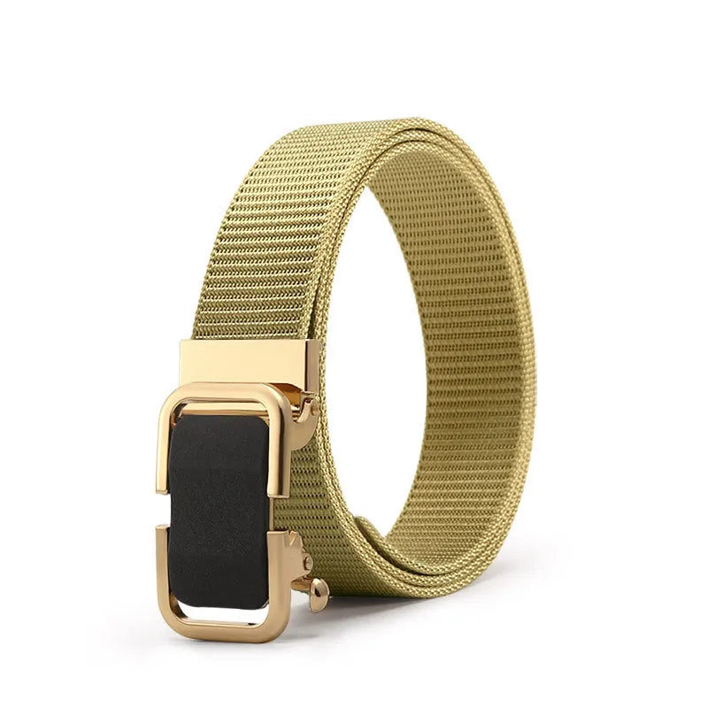Men's nylon canvas belt in army green with an alloy buckle, laid flat showing 120cm length.