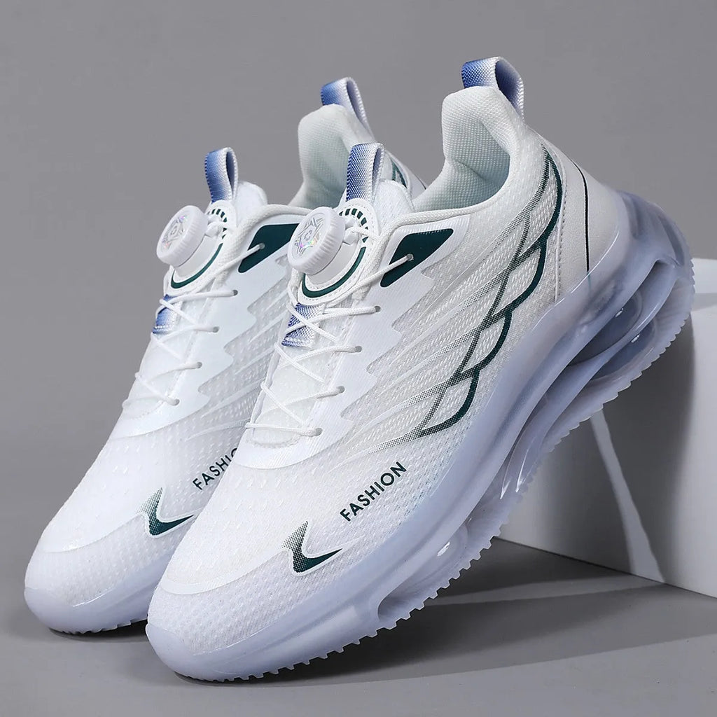 White men's casual running shoes with rotating button closure and mesh uppers
