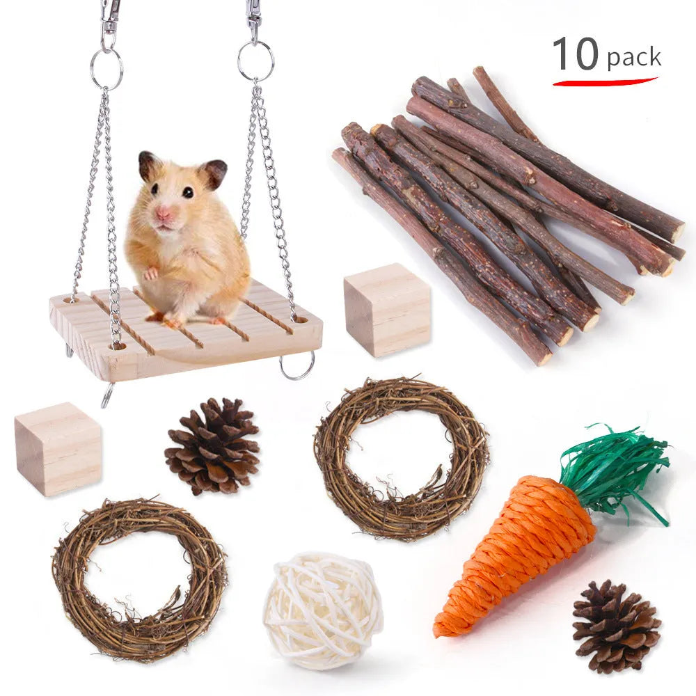 Wooden chew toy sets for rabbits, guinea pigs and parrots with various natural components