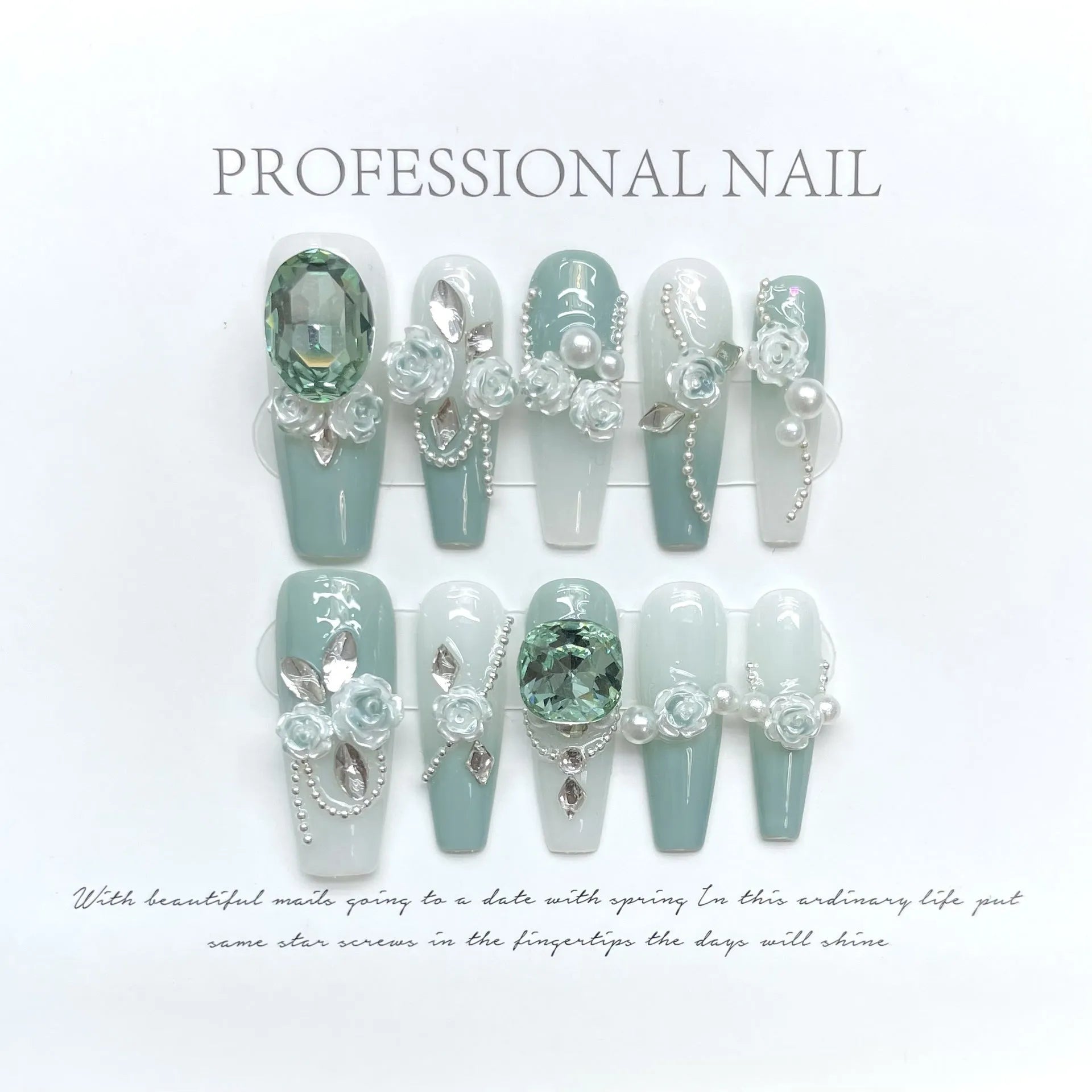 Plastic nail art armour suit with camellia gradient chain design and bow butterfly patterns