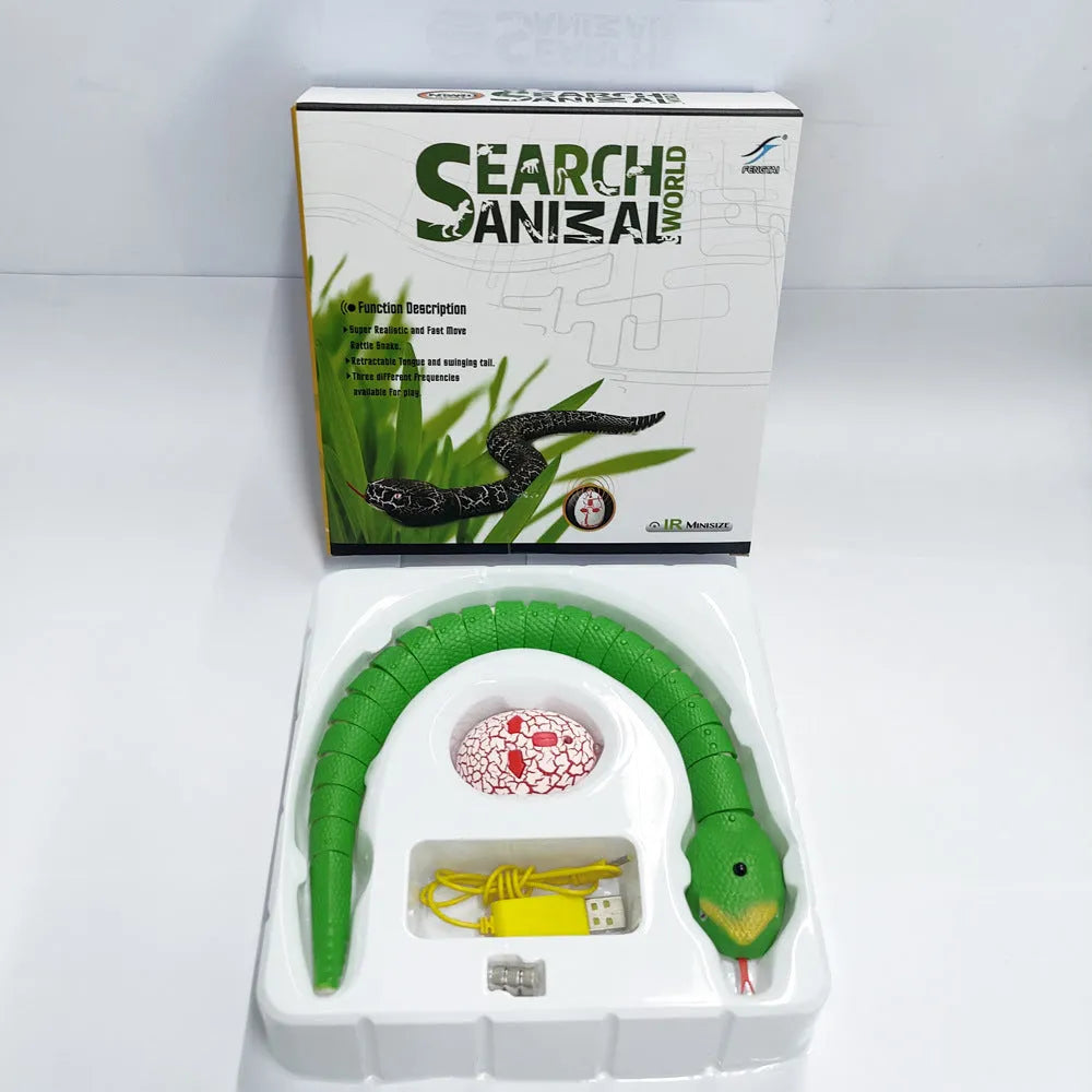 Smart sensing electronic snake cat toy with segmented plastic body and USB charging cable.