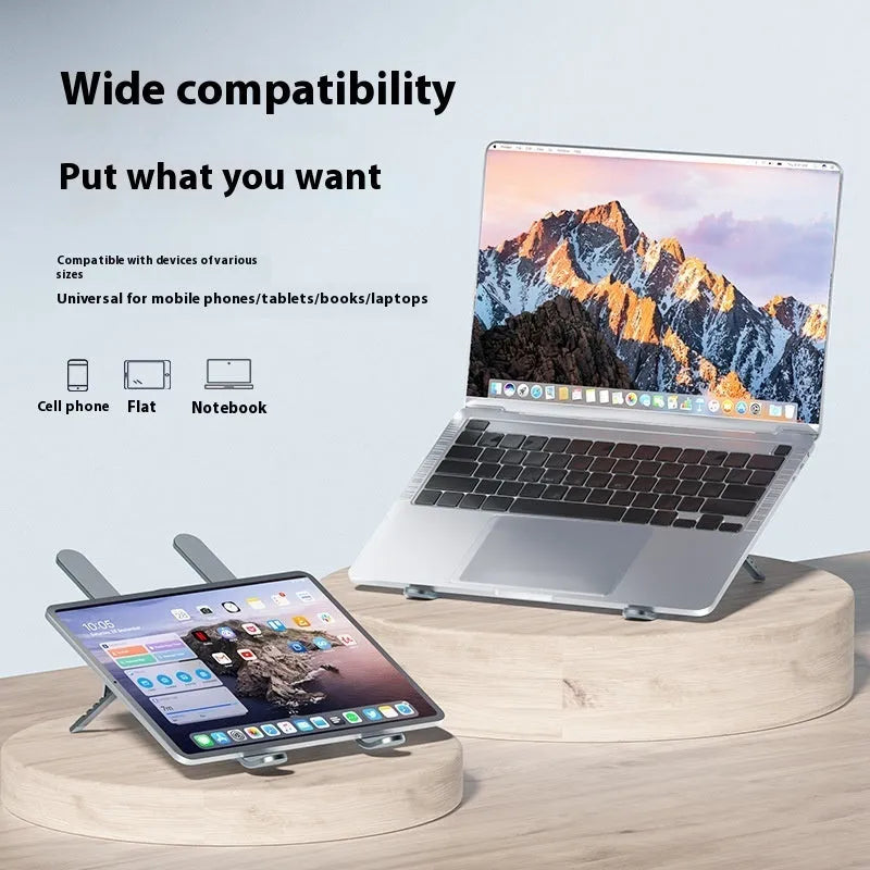Silver aluminium laptop stand with twin cooling fans in a lifted position on a desk