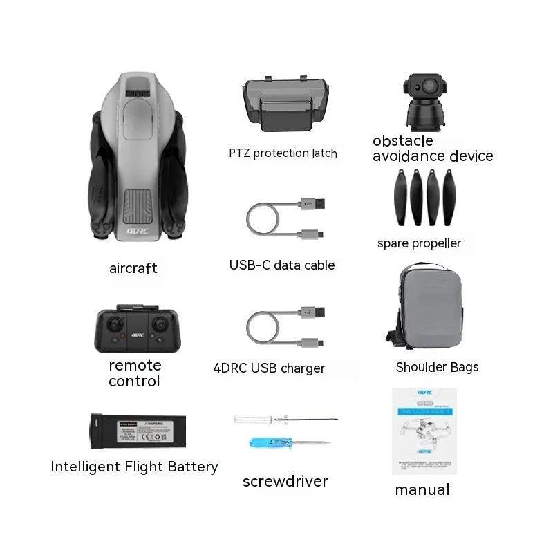 White brushless folding quadcopter drone with obstacle avoidance sensors and 4K camera shown in shoulder bag