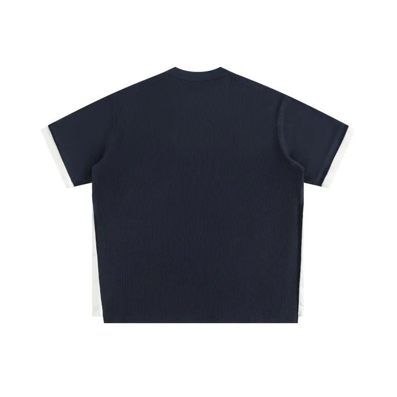 Retro alphabet embroidered waffle fabric T-shirt in loose fit with fake two-piece styling