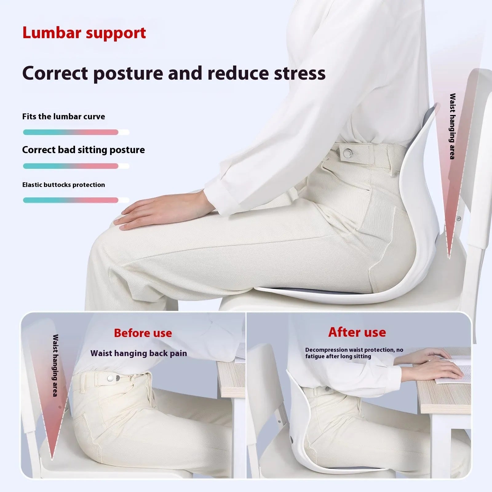 Grey waist support seat cushion with lumbar pillow for office chair or car seat comfort