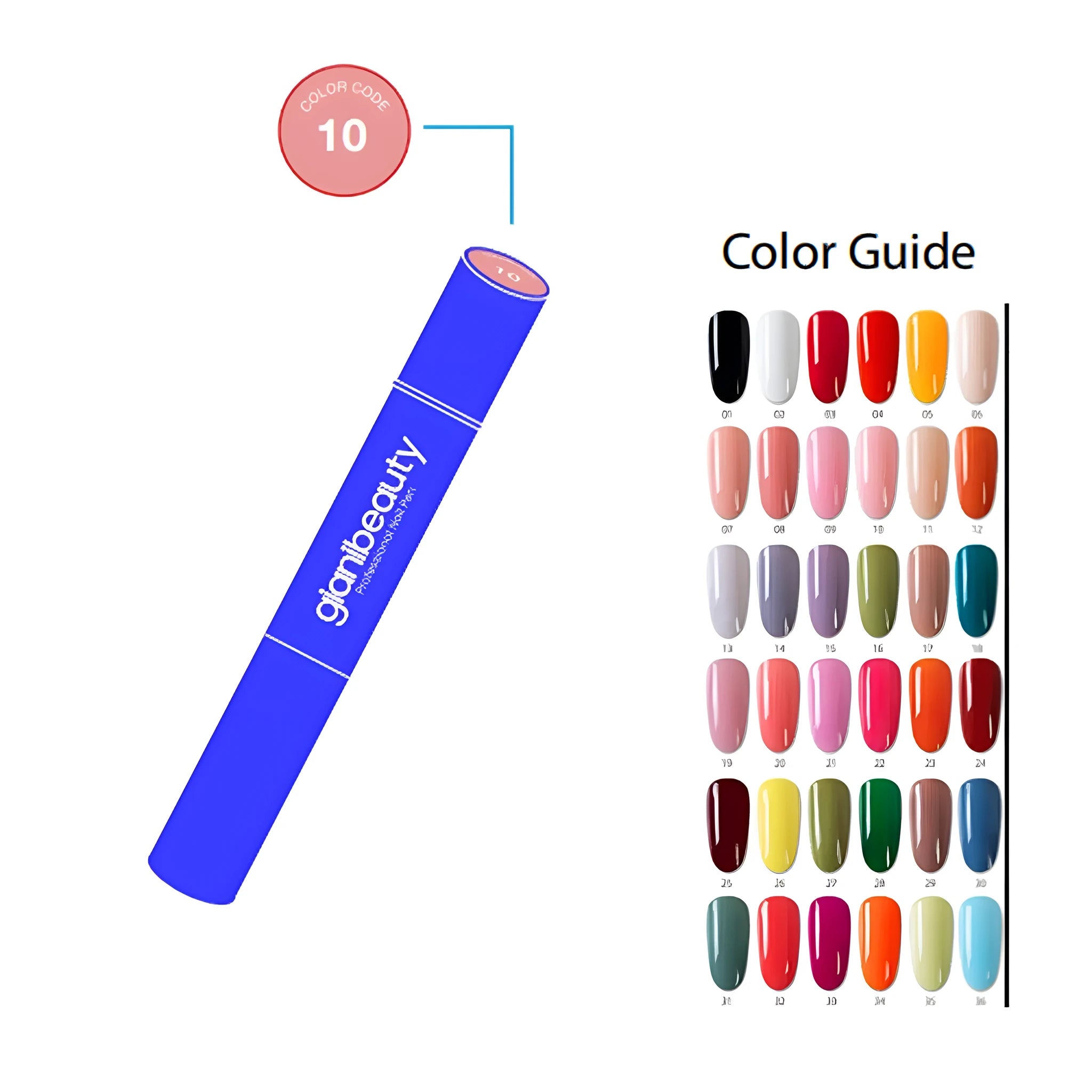 Giani Professional Nail Pen in a colour collection displayed on a white surface with brush tip visible