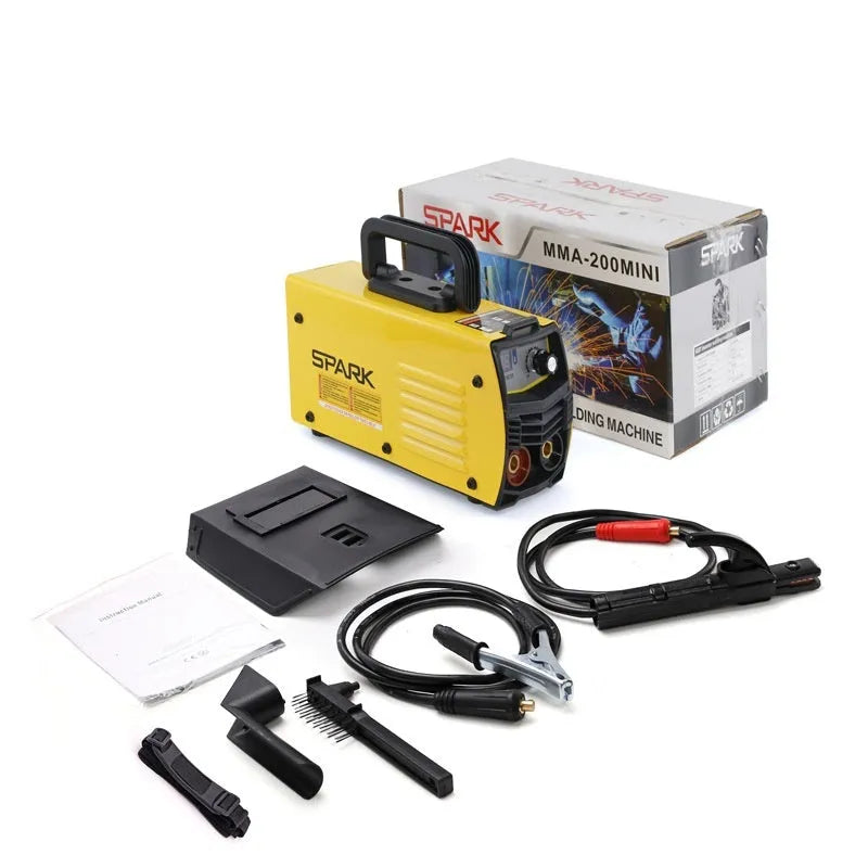 MMA-200MIN DC welding machine with welding tongs, clamp, face shield, and brush hangers on workbench