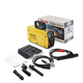 MMA-200MIN DC welding machine with welding tongs, clamp, face shield, and brush hangers on workbench