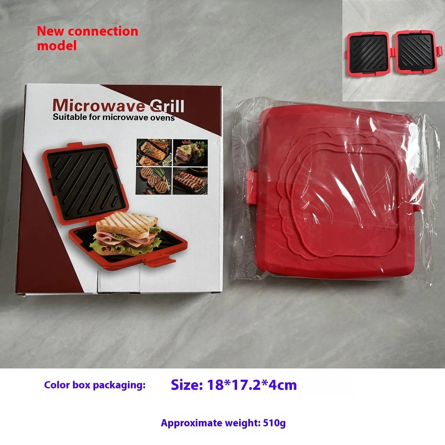 Red silicone baking tray and matching anti-scald gloves set on a kitchen counter.