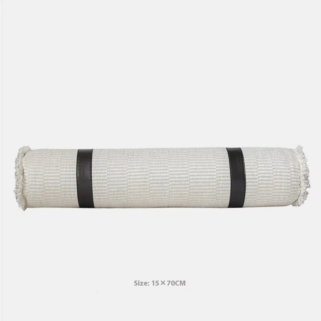 Modern grey and white plaid bed runner set with leather round pillow on 1.5m bed