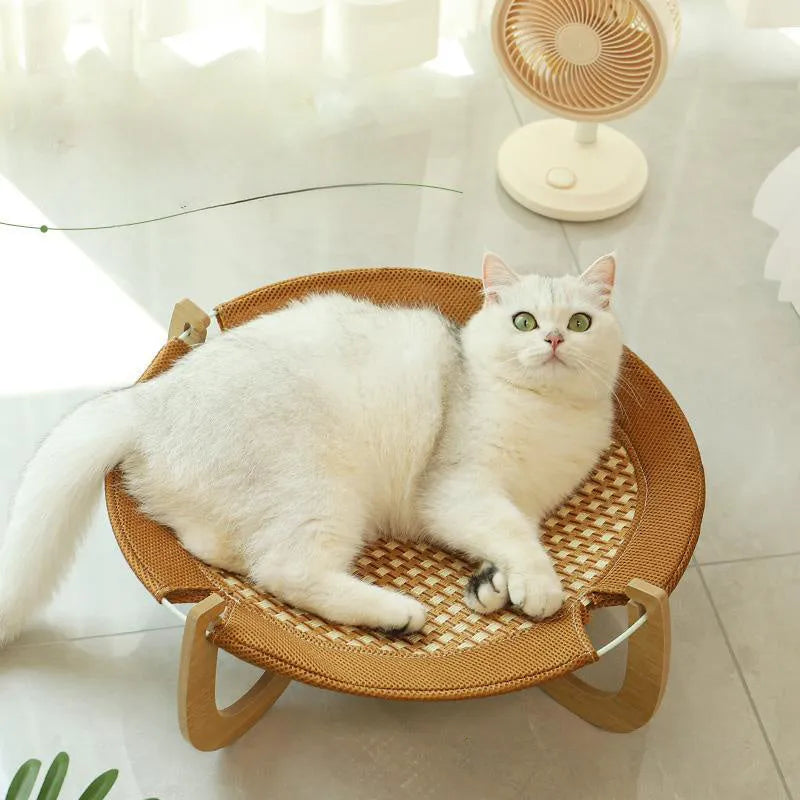Brown woven rattan pet hammock bed measuring 46x46cm with a 17.5cm high frame