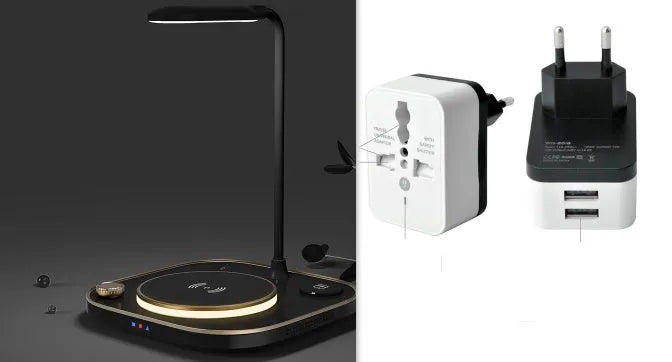 Black wireless charging desk lamp with 15W fast charging capability showing multiple device charging