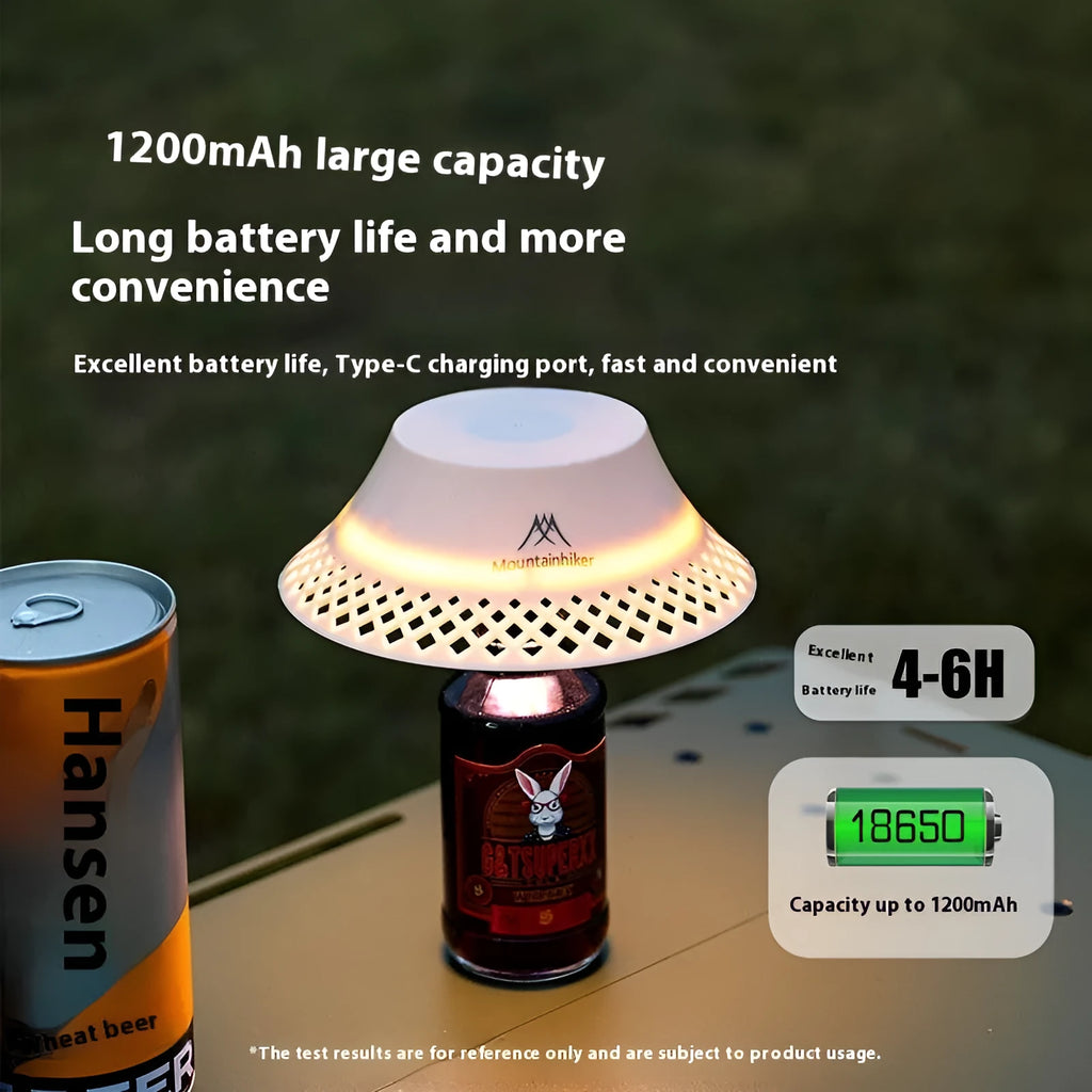 Beige wine bottle-shaped camping lantern showing three light mode settings and USB-C charging port.