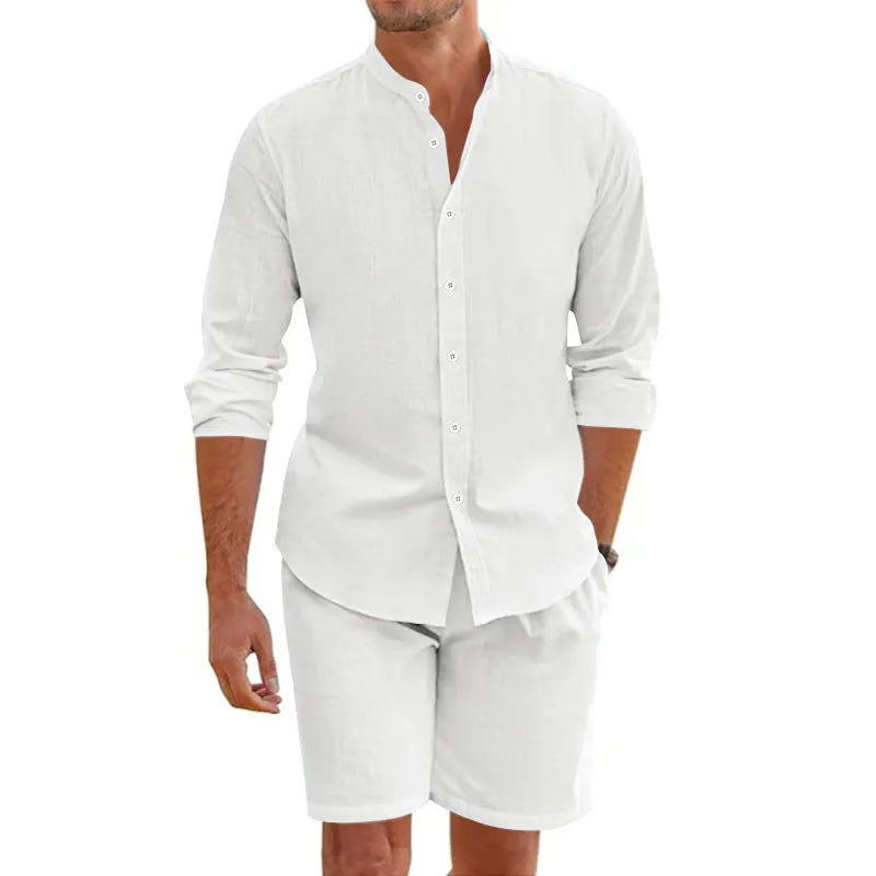 Men's light blue linen-blend short sleeve shirt and drawstring shorts summer suit set.