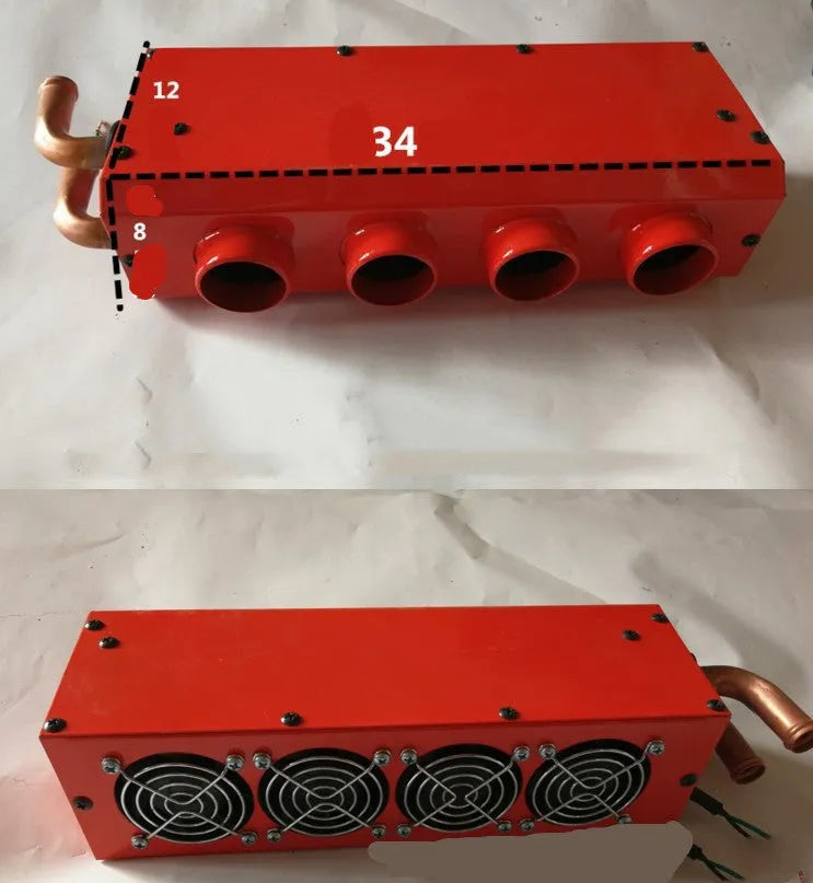 Metal car heater unit with copper pipe connections for 12V and 24V vehicle installation.
