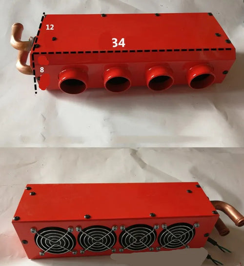 Metal car heater unit with copper pipe connections for 12V and 24V vehicle installation.