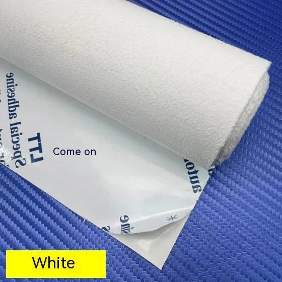 Self-adhesive suede fabric sheet in beige colour with adhesive backing visible, showing size options for interior decoration.