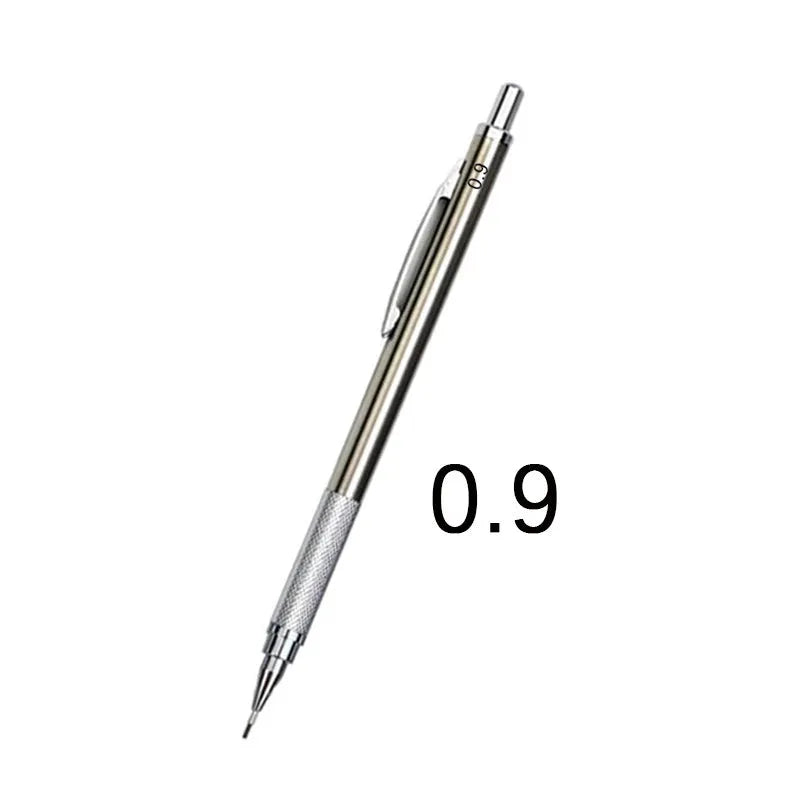 Metal automatic mechanical pencil shown with selection of compatible lead sizes including 0.5mm and 2.0mm.