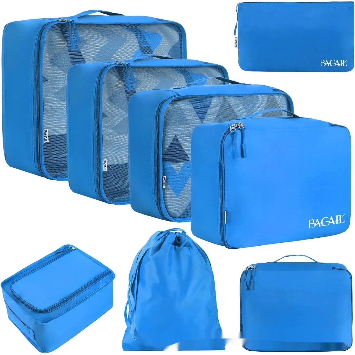 Set of eight cubic travel packing bags for underwear organisation in various colours including solid shades and patterns