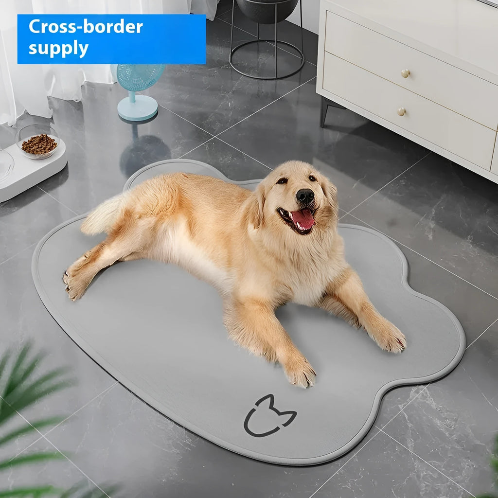 Ice silk dog cooling mat with dog head pattern in light grey, showing non-slip base and rectangular shape.