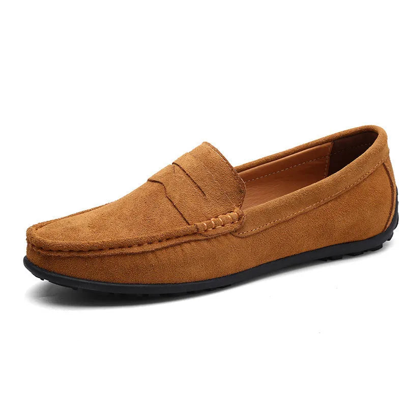 Men's brown suede casual loafers with a round toe and flat rubber sole on a white background.