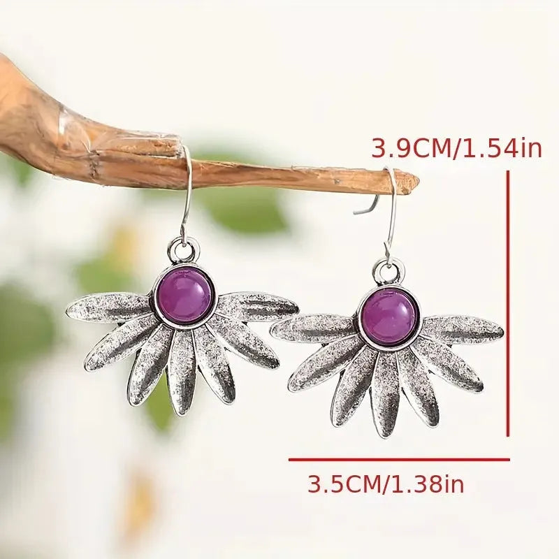 Purple resin gemstone Bohemian earrings with animal zodiac details and alloy construction