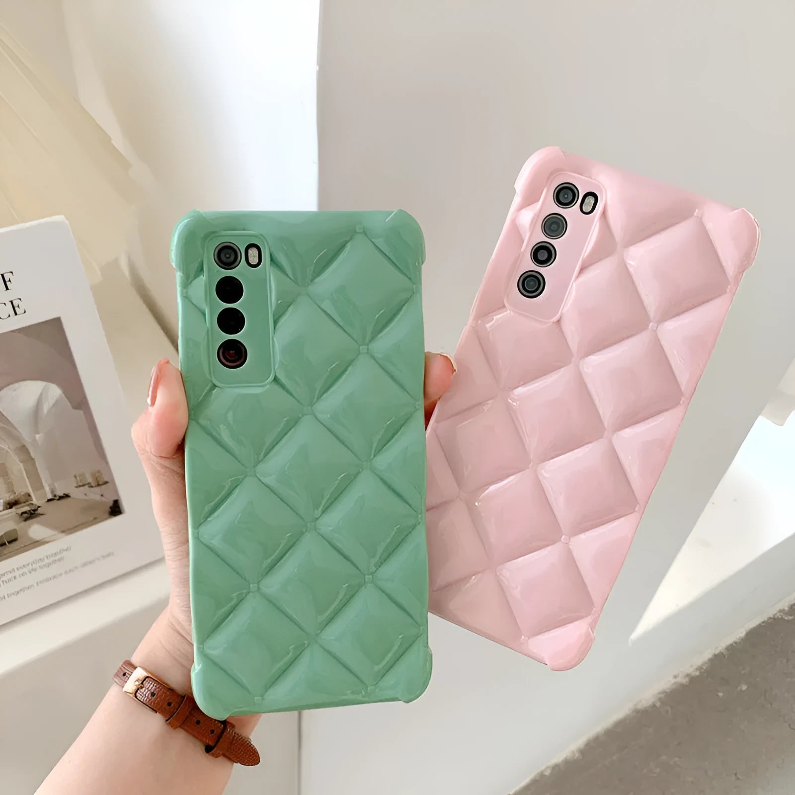 Silicone diamond back cover phone case for Huawei smartphones in black, green, pink, and white.