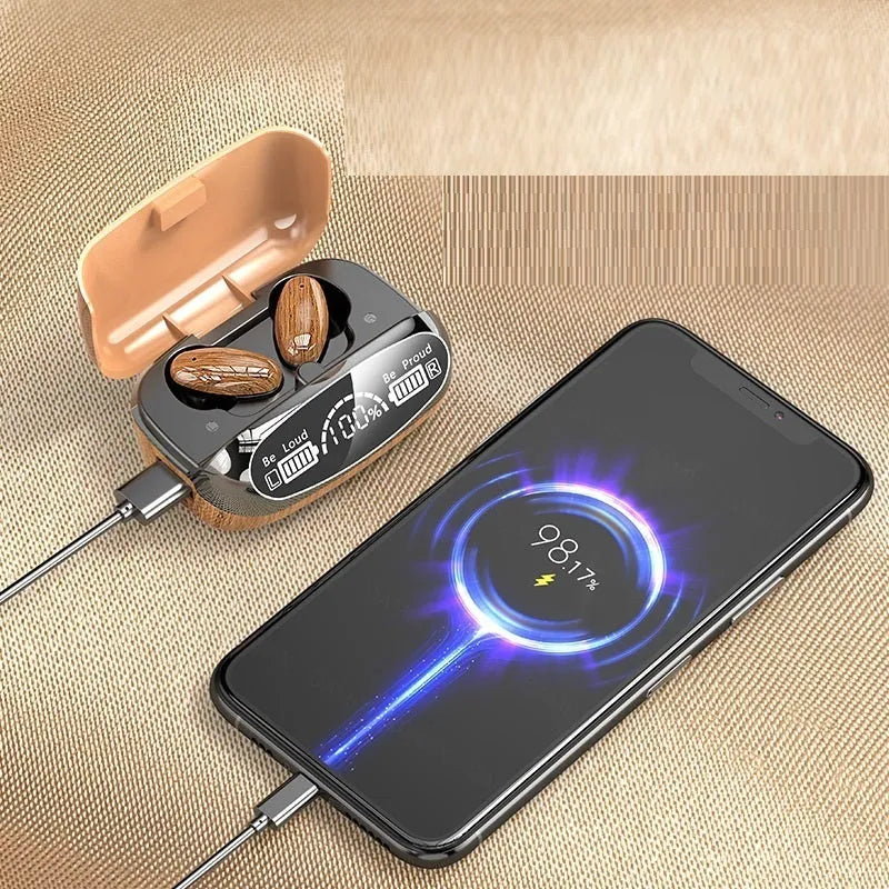 M35 wood grain Bluetooth wireless headset with charging case and cable