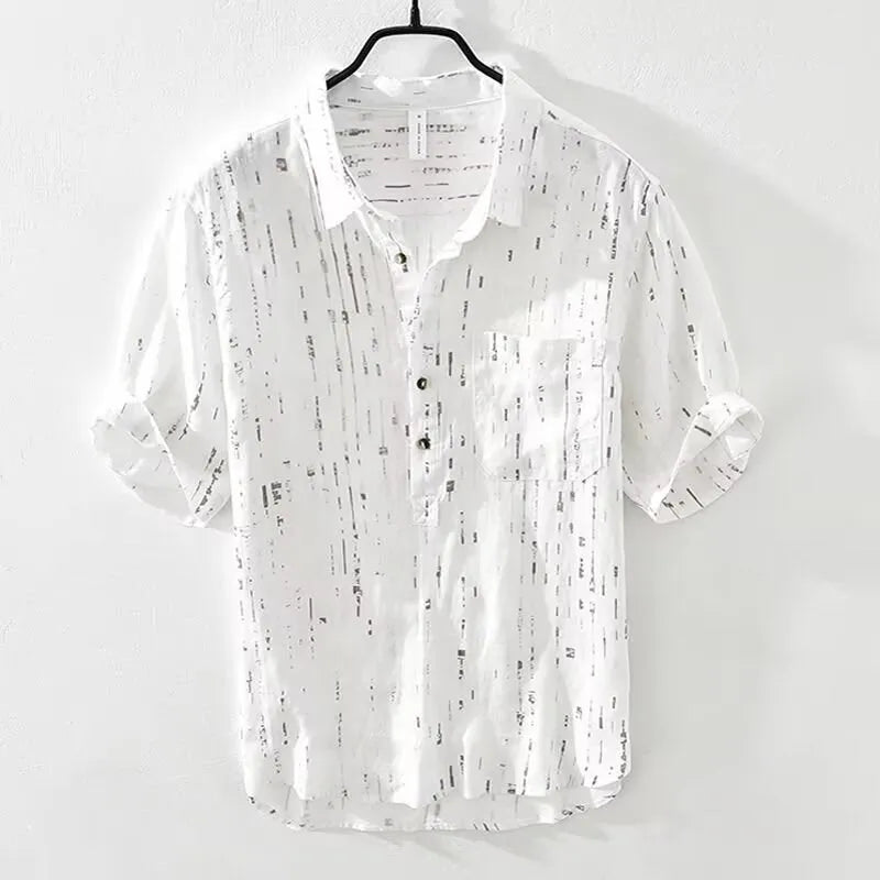 Men's black and white short-sleeved polo shirt with lapel collar and loose cardigan fit