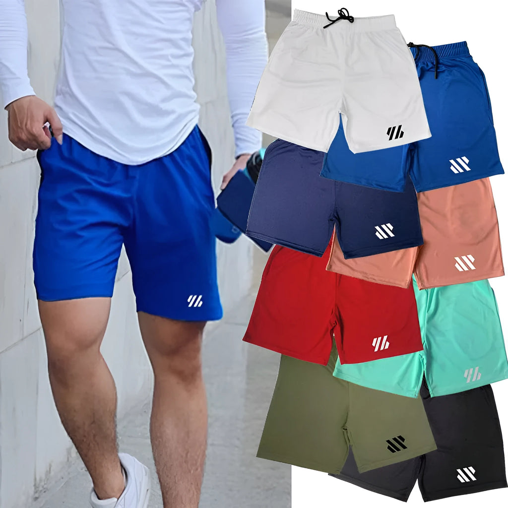 Pair of loose-fitting metal silk sports shorts for running, shown in one of nine available colours.