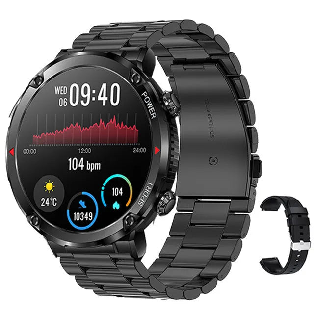 T30 Smart Watch with black silicone strap showing time display on 52mm screen.
