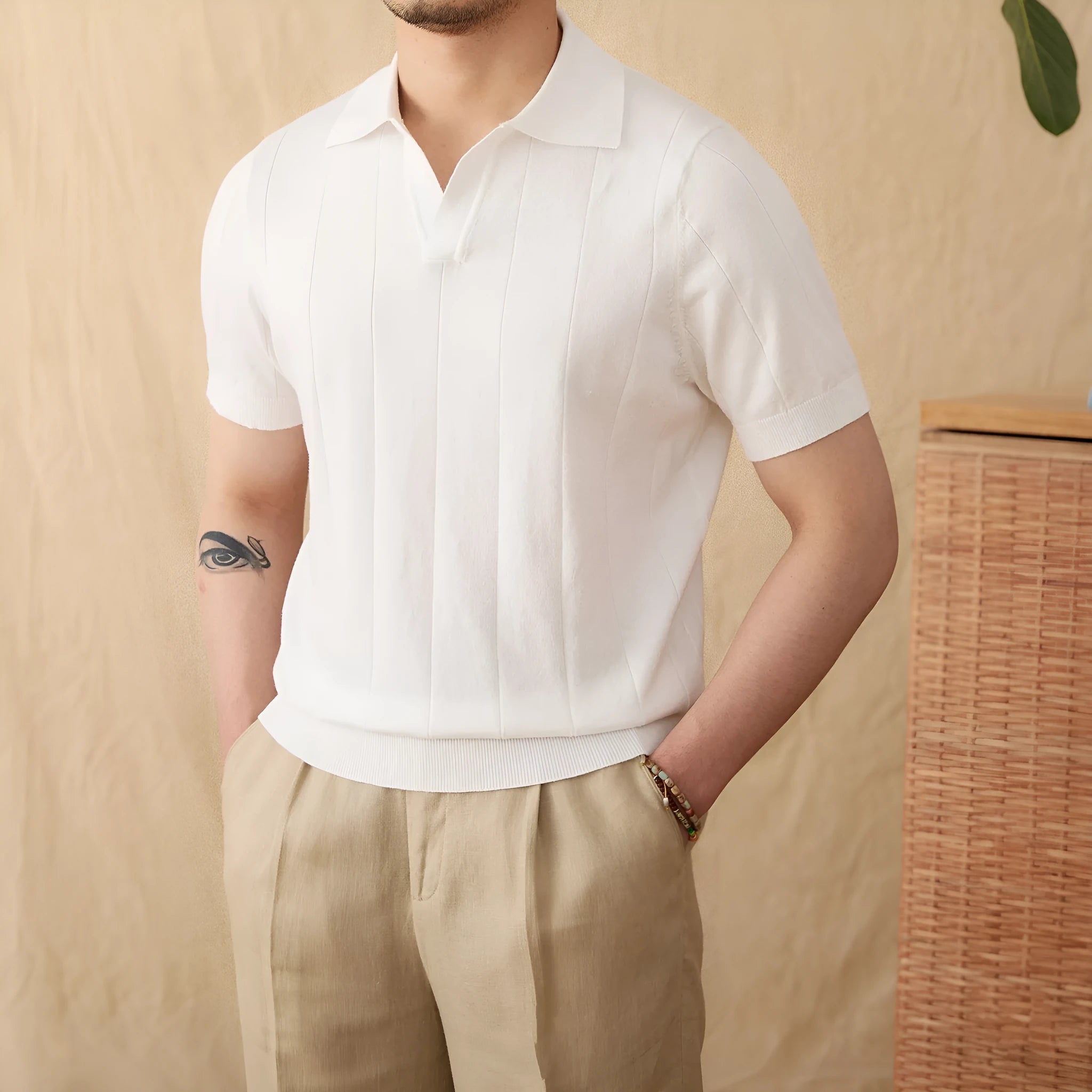Men's cotton and linen blended polo shirt with seagull collar in multiple colour options