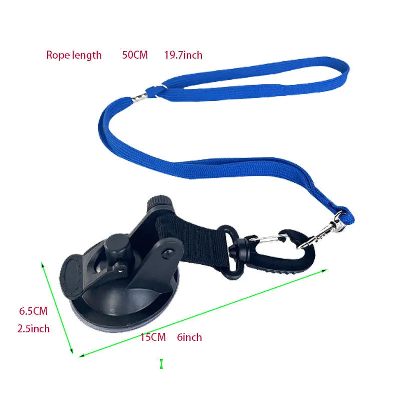 Black and blue pet bathing restraint with four adjustable suction cup cuffs for dogs.