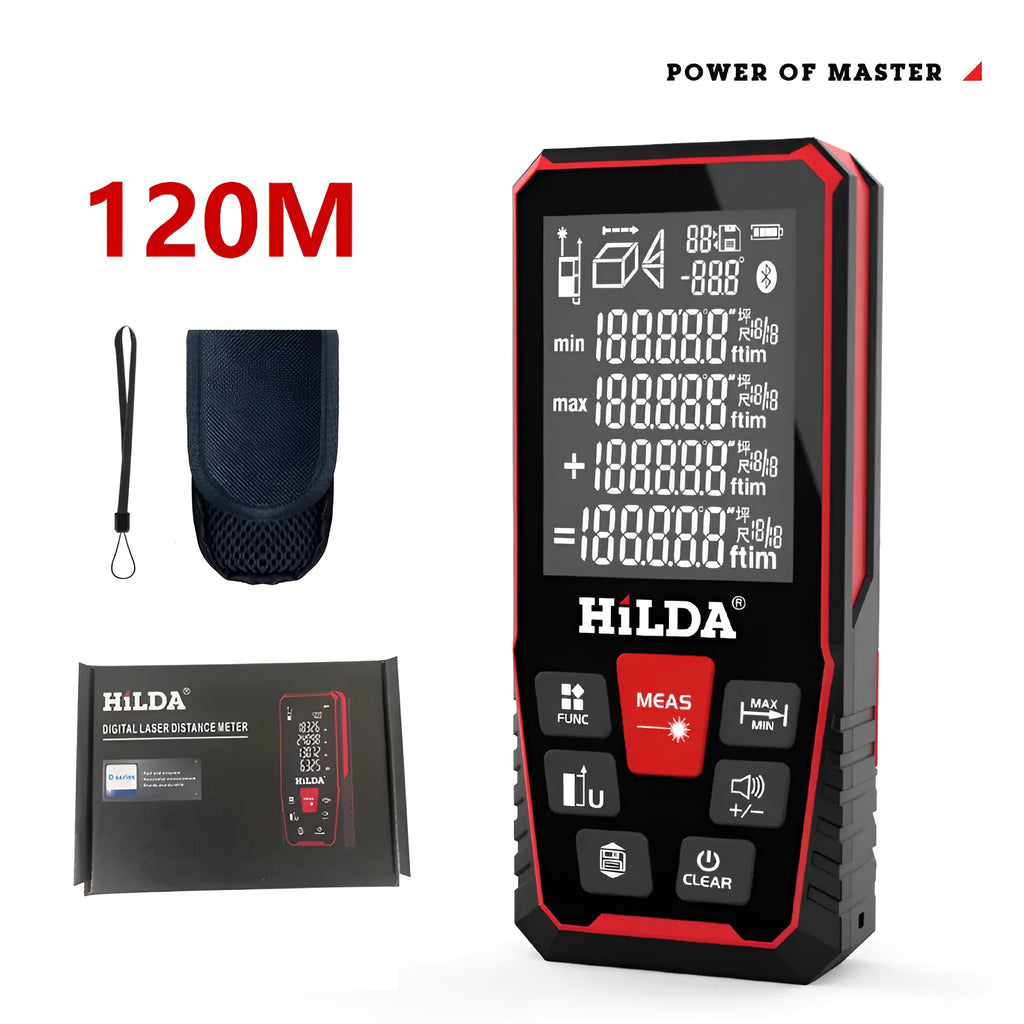 Handheld black and yellow laser rangefinder for distance measurement up to 120 metres.