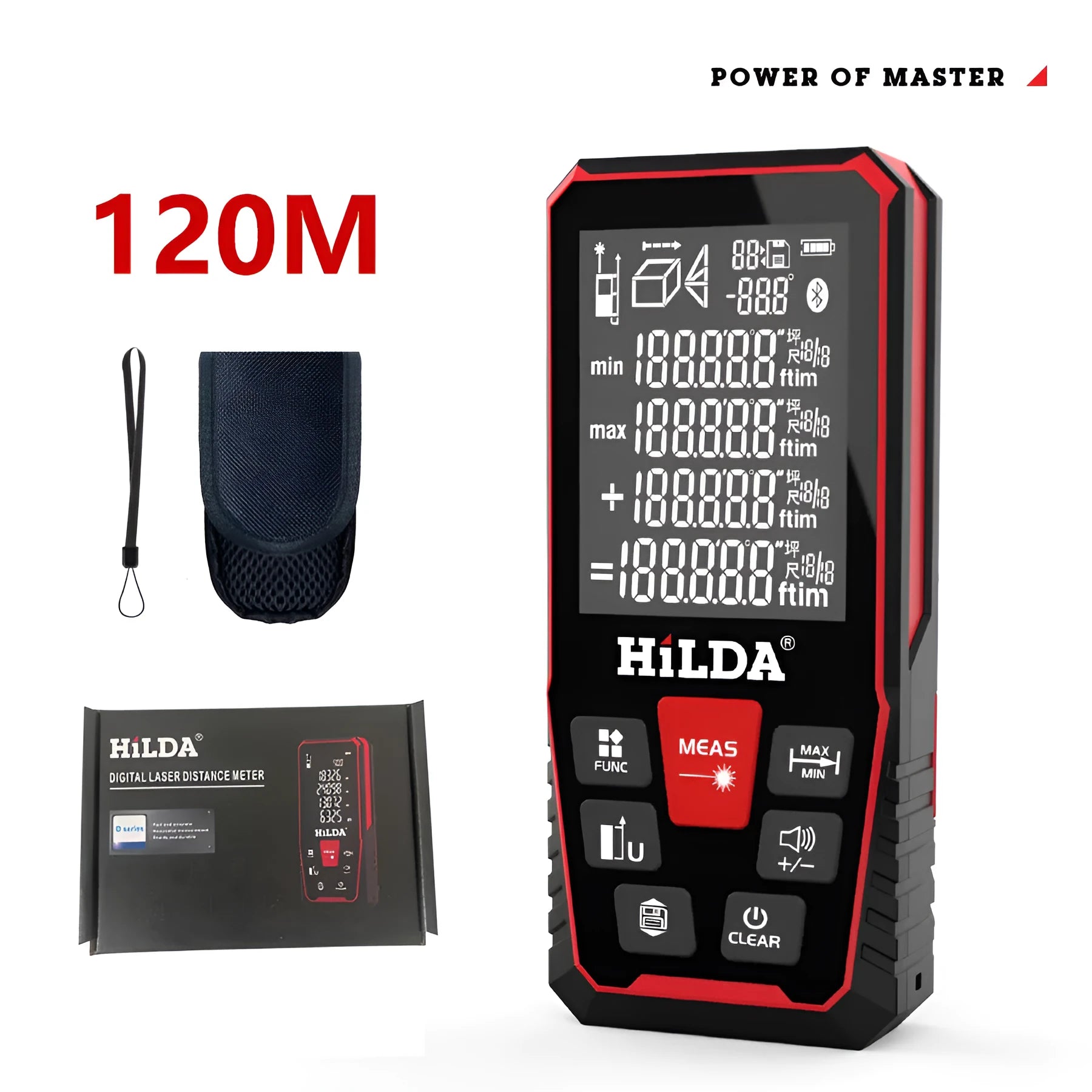 Handheld black and yellow laser rangefinder for distance measurement up to 120 metres.