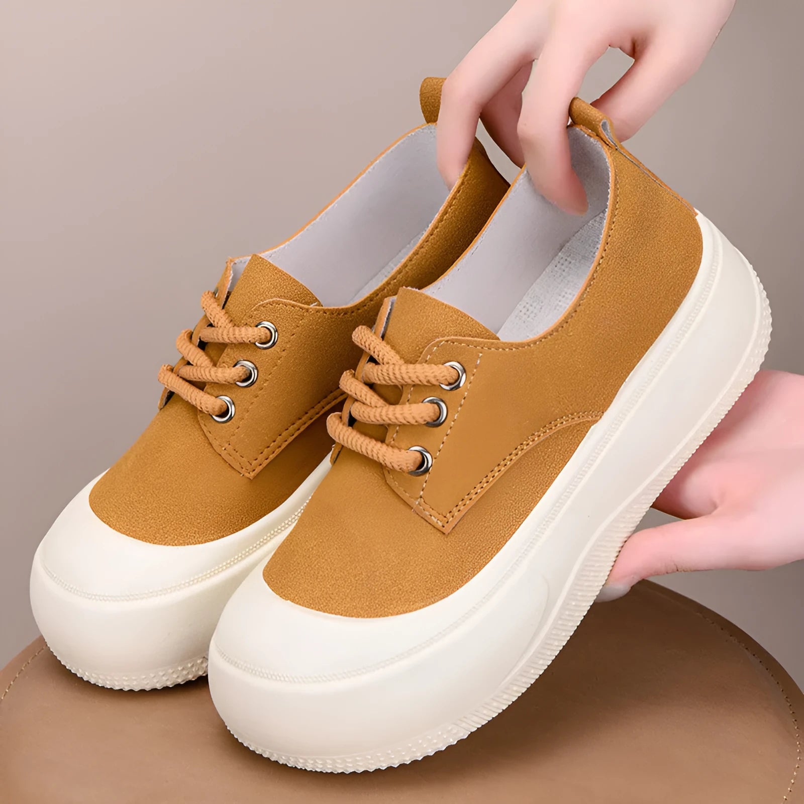 Women's camel suede platform loafers with a 4CM thick sole and round toe lace-up front.