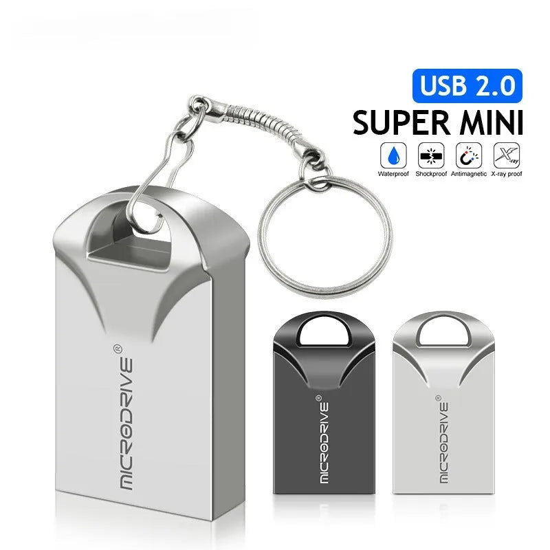 Small black and silver metal USB flash drive showing front and side views