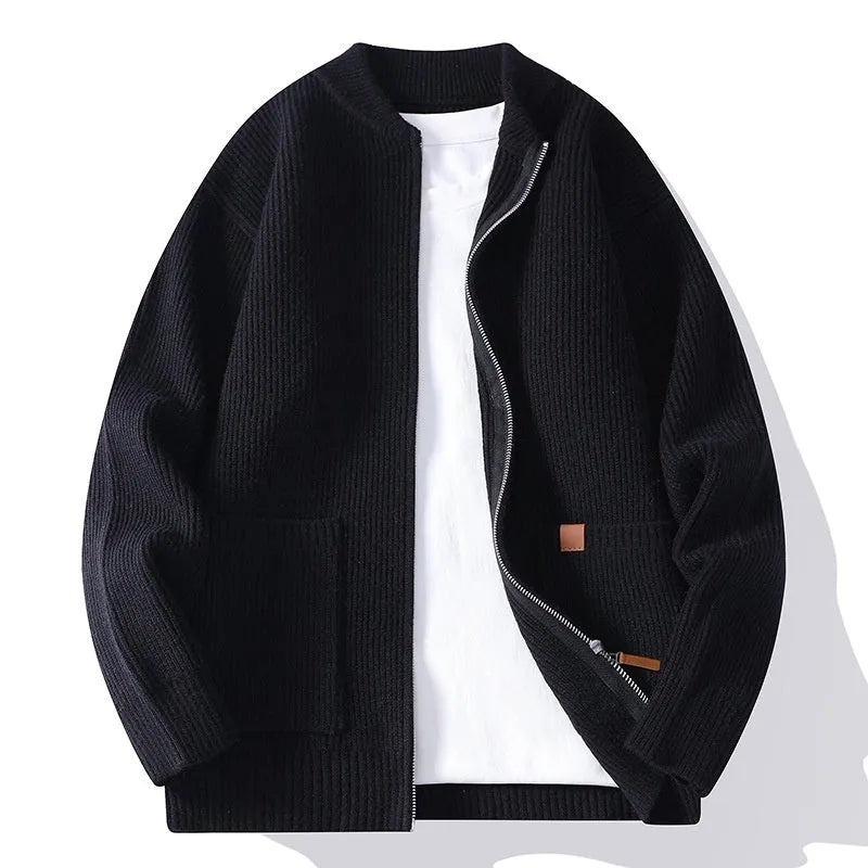Men's straight cut striped sweater cardigan in a chemical fibre blend fabric, shown in beige colour.