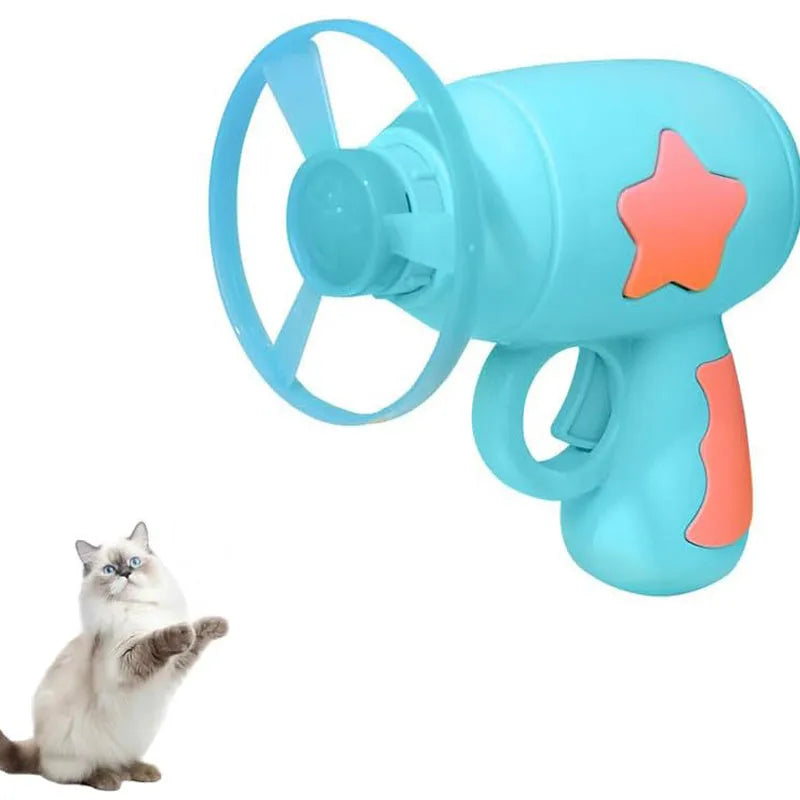 Blue and pink plastic cat toy gun with two frisbees for indoor play