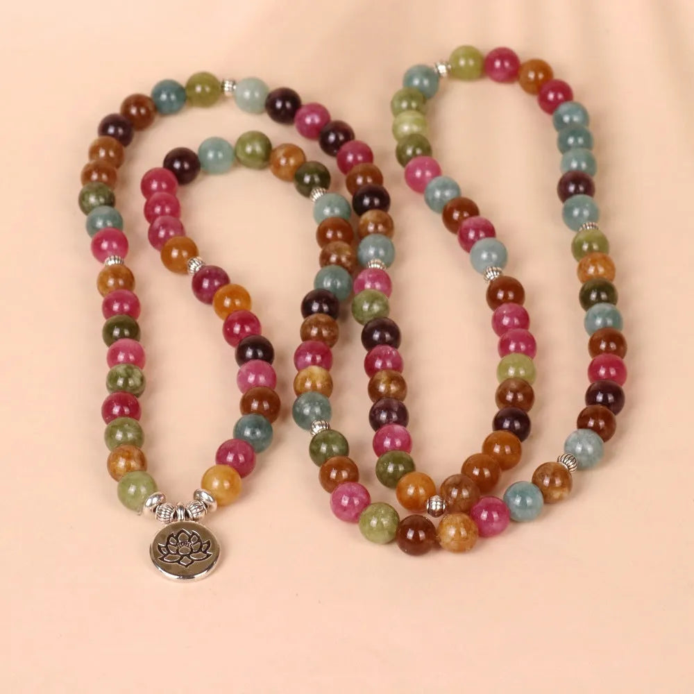 108 bead multi-layer bracelet with lotus charm in tourmaline colour alloy material
