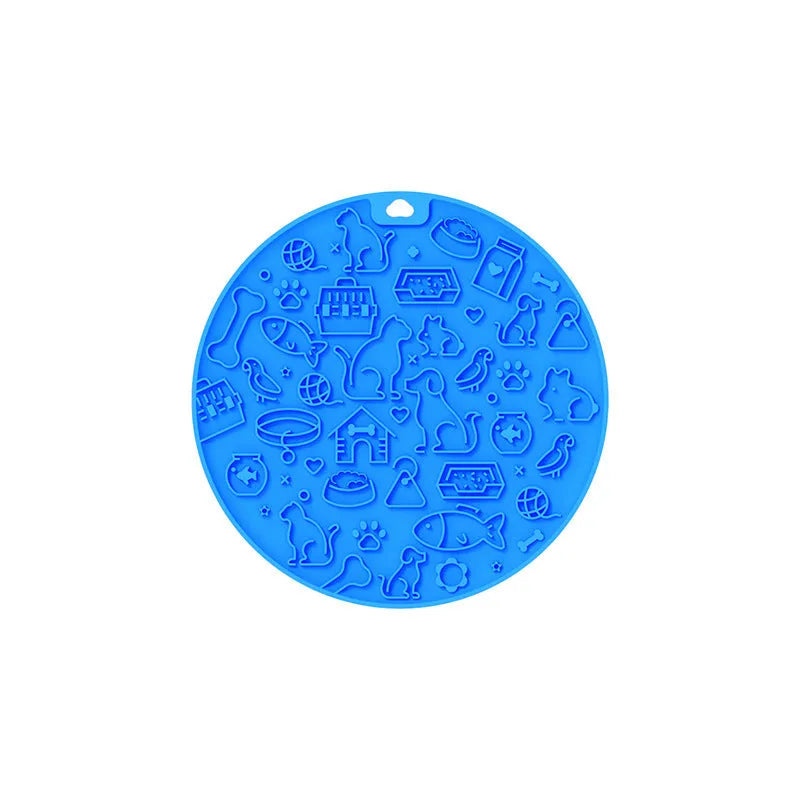 Round silicone pet licking mat with suction cup in blue, pink, grey, mint, or orange colour.