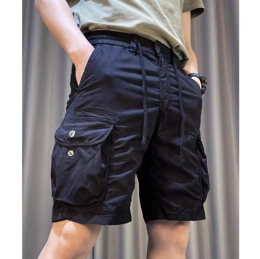 Korean style loose straight overalls trousers with multiple pockets in micro-elastic polyester
