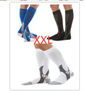 A pair of graduated compression socks in an athletic style, shown in a colour option like black or blue, laid flat to display their length and cuff.