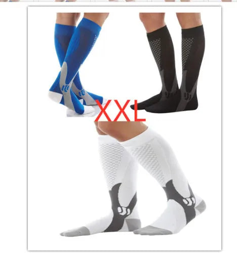 A pair of graduated compression socks in an athletic style, shown in a colour option like black or blue, laid flat to display their length and cuff.