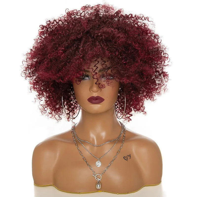 Afro kinky curly wig with oblique bangs in black colour for ladies